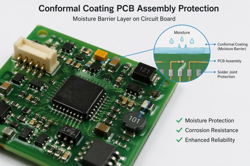 conformal coating PCB assembly protection diagram showing moisture barrier layer on circuit board