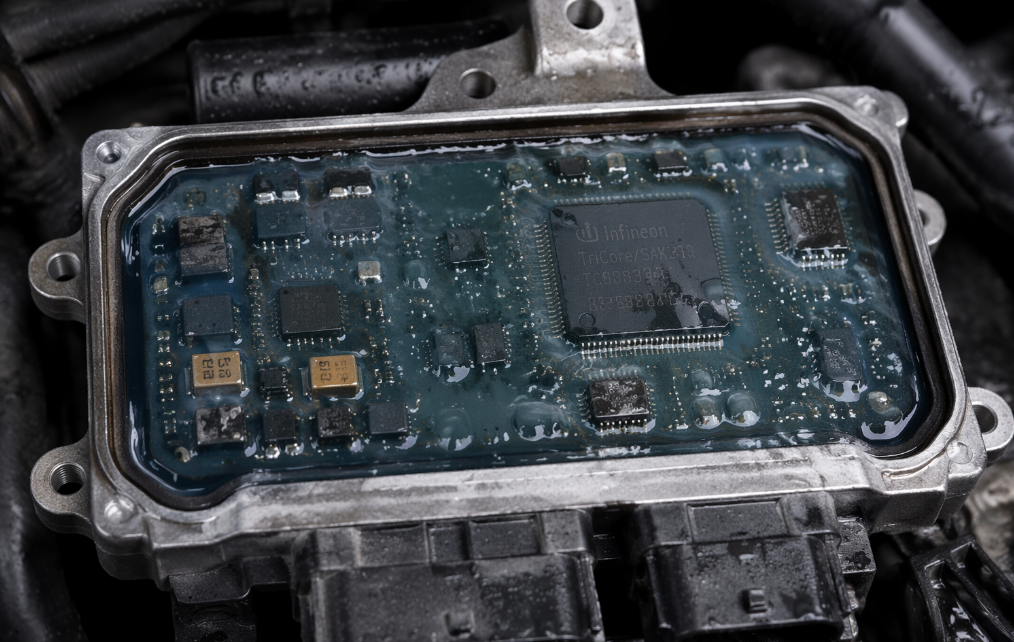 conformal coating automotive PCB assembly showing engine control module with silicone coating in high temperature environment