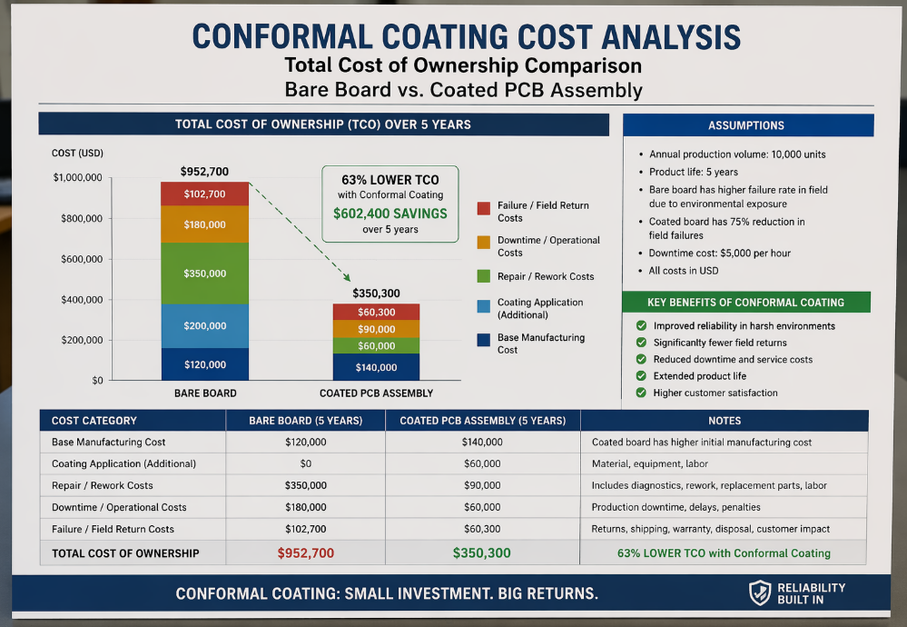 conformal coating cost analysis chart comparing total cost of ownership for bare board versus coated PCB assembly