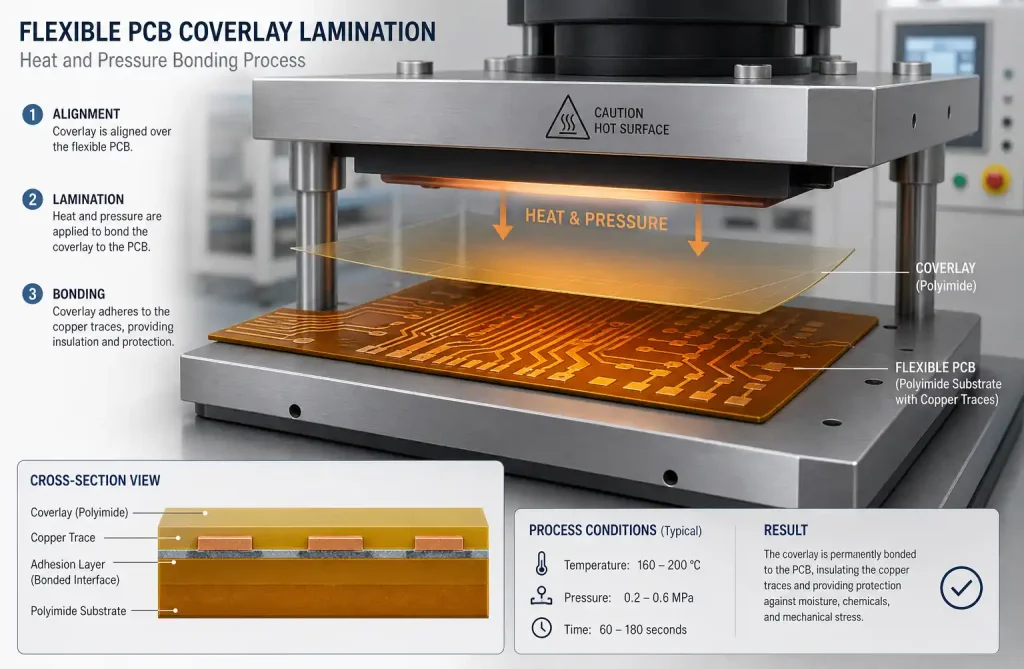 Coverlay lamination process applying heat and pressure to flexible PCB
