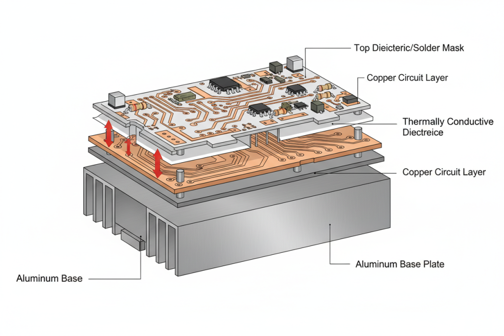 dielectric and copper circuit layer Metal Core PCB structure showing aluminum base plate with thermally conductive