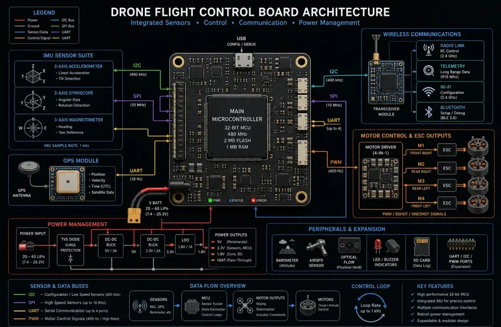 Diagram showing integrated subsystems of a modern drone flight control board including IMU, GPS, processor, and communication modules
