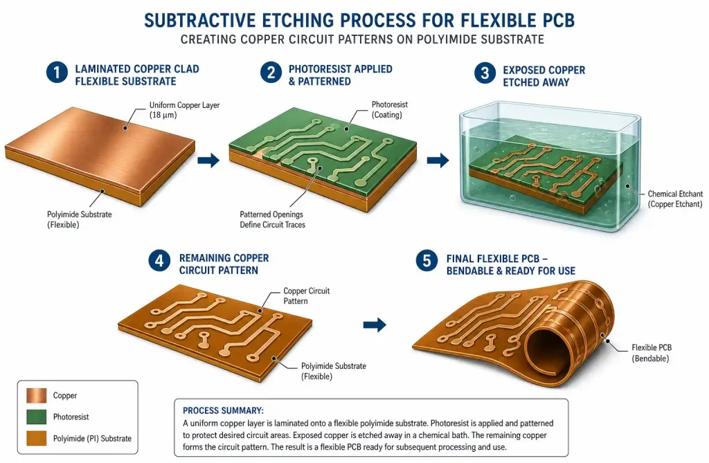 Flexible PCB circuit patterning and copper etching process