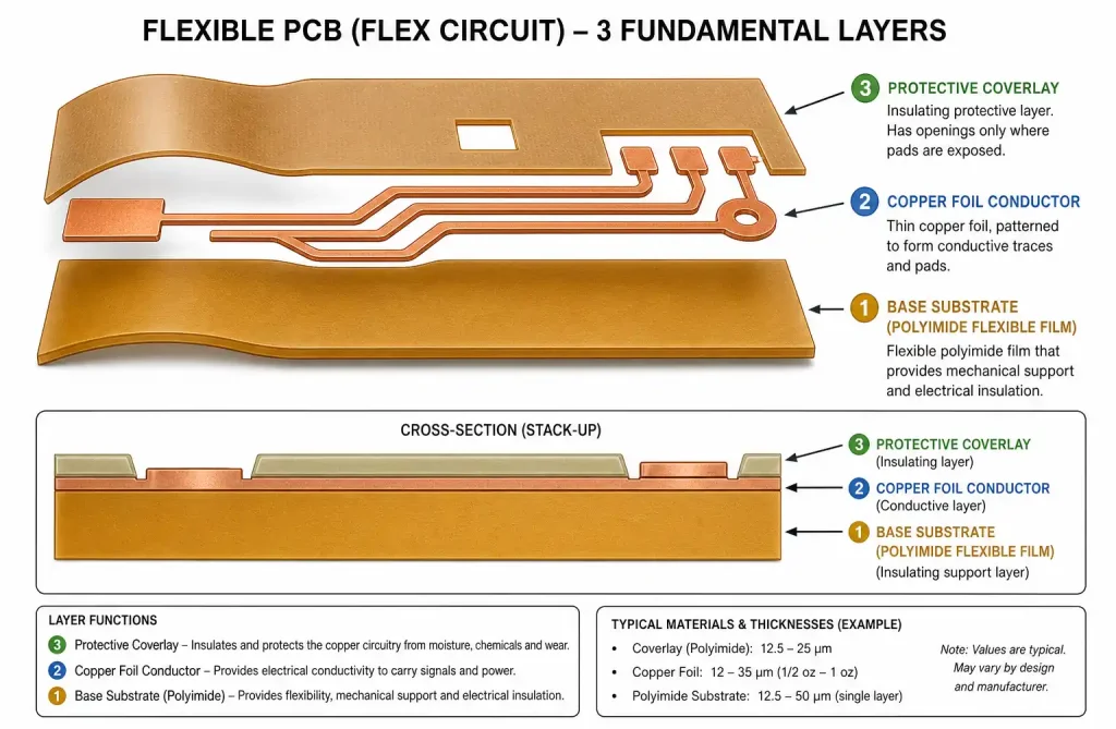 Cross-section diagram of flexible PCB showing substrate, copper foil, and coverlay layers