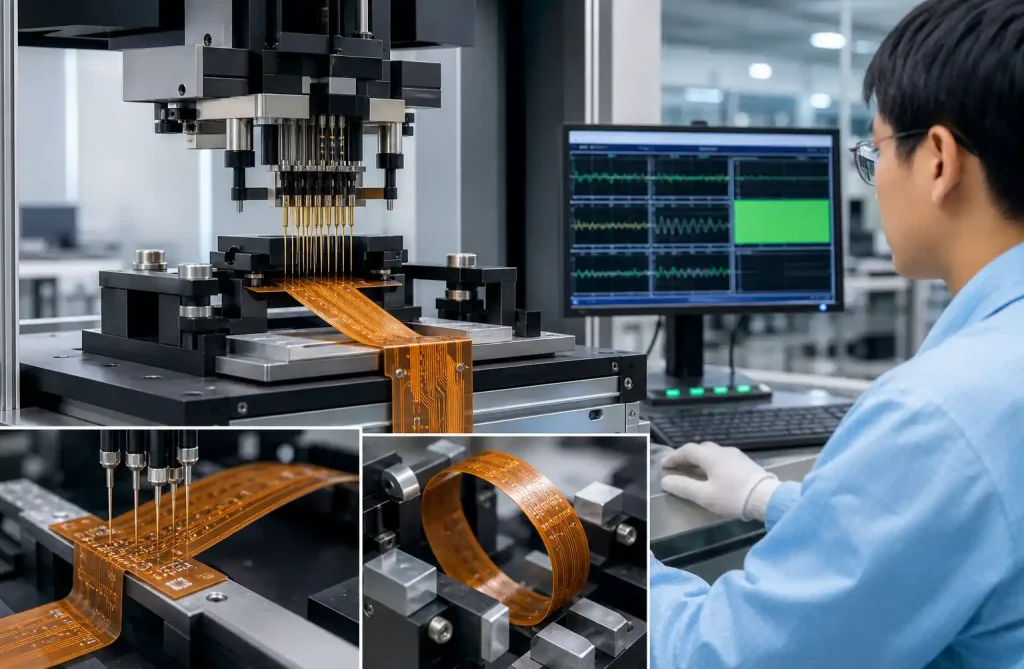 Flexible PCB undergoing electrical testing and quality inspection