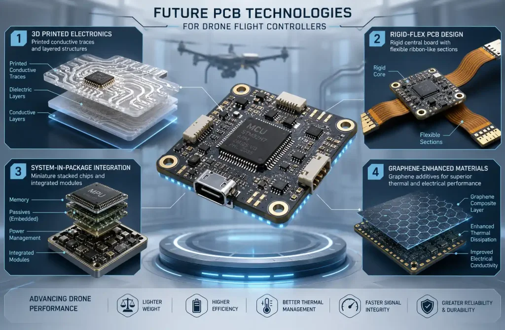 Illustration of emerging PCB technologies including 3D printed electronics, flexible circuits, and advanced packaging