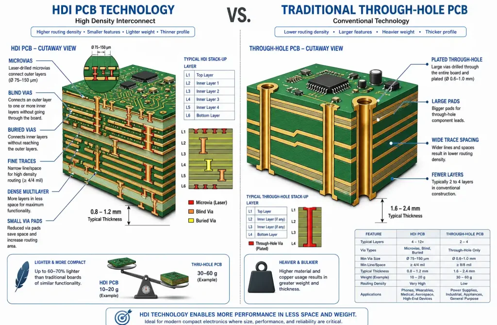 Cross-section diagram showing HDI PCB with microvias, blind vias, and buried vias compared to traditional through-hole vias