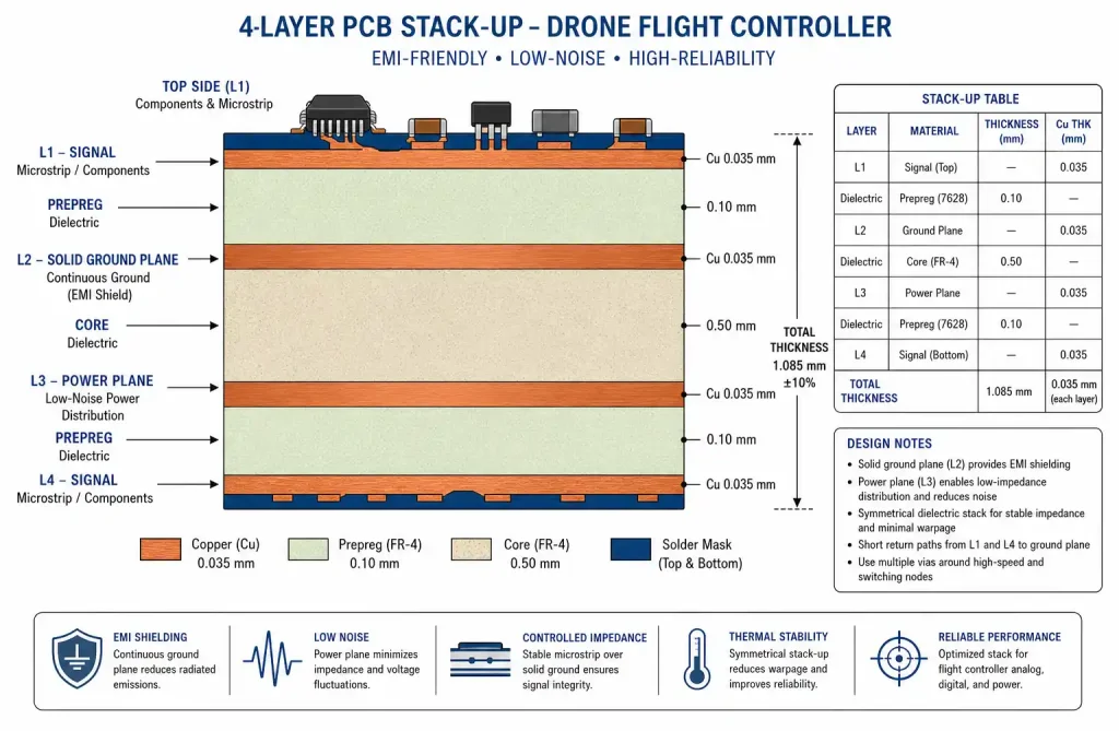Diagram of optimized 4-layer PCB stack-up for lightweight drone flight controller showing layer arrangement