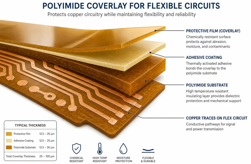 Polyimide coverlay film with adhesive layer for flexible PCB protection