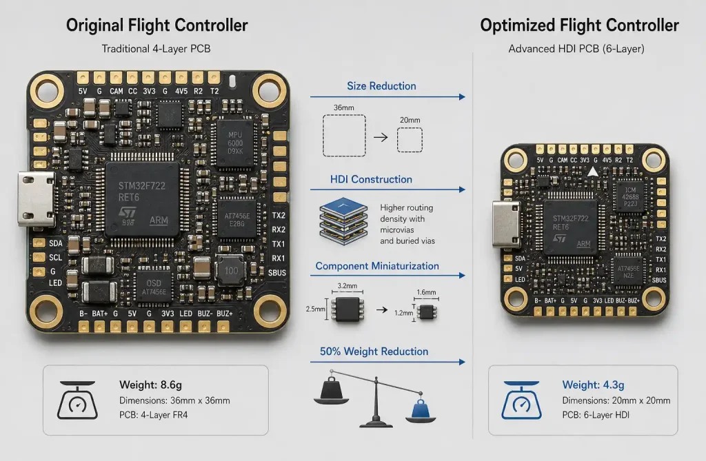 Before and after comparison of racing drone flight controller showing weight reduction from 8.5g to 4.2g