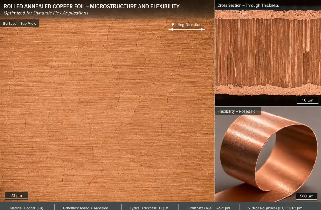 Rolled annealed copper foil showing smooth surface finish