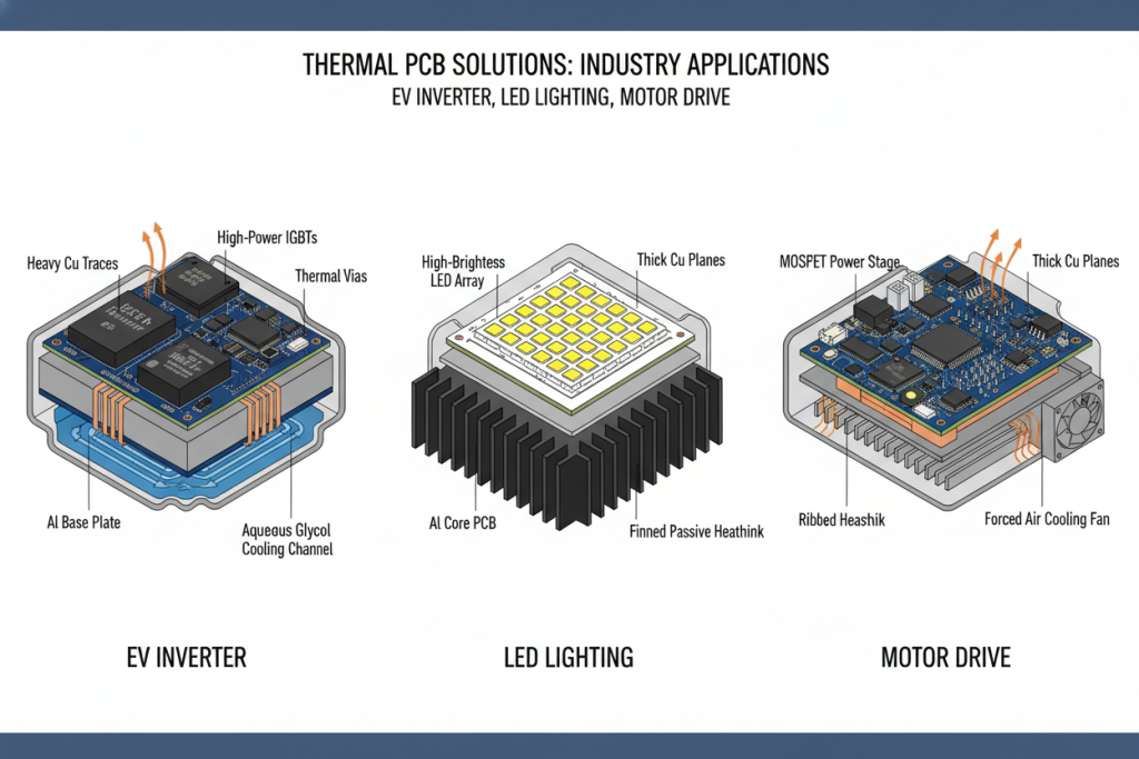 thermal PCB solutions Industry applications comparison showing EV inverter, LED lighting, and motor drive