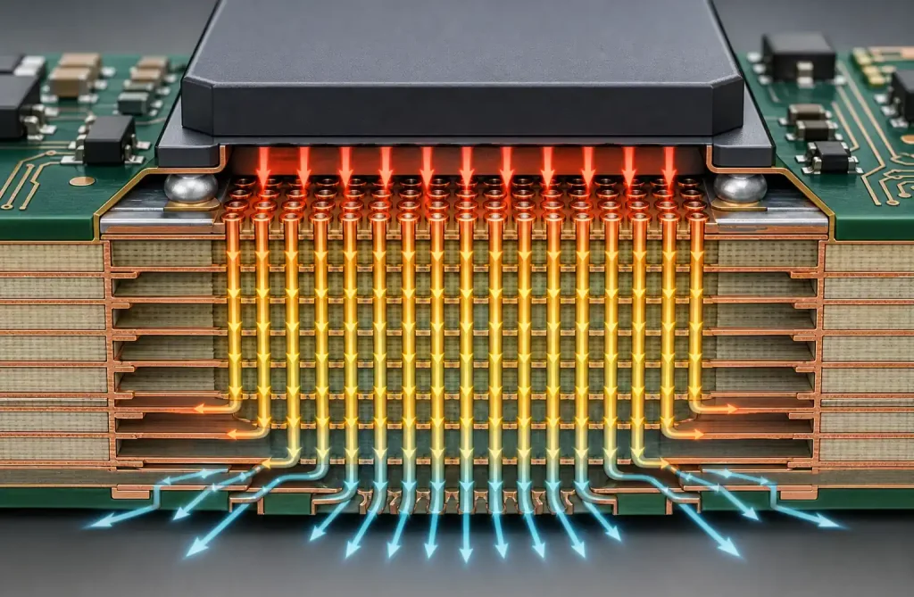 Thermal via array pattern beneath high-power component showing heat dissipation paths