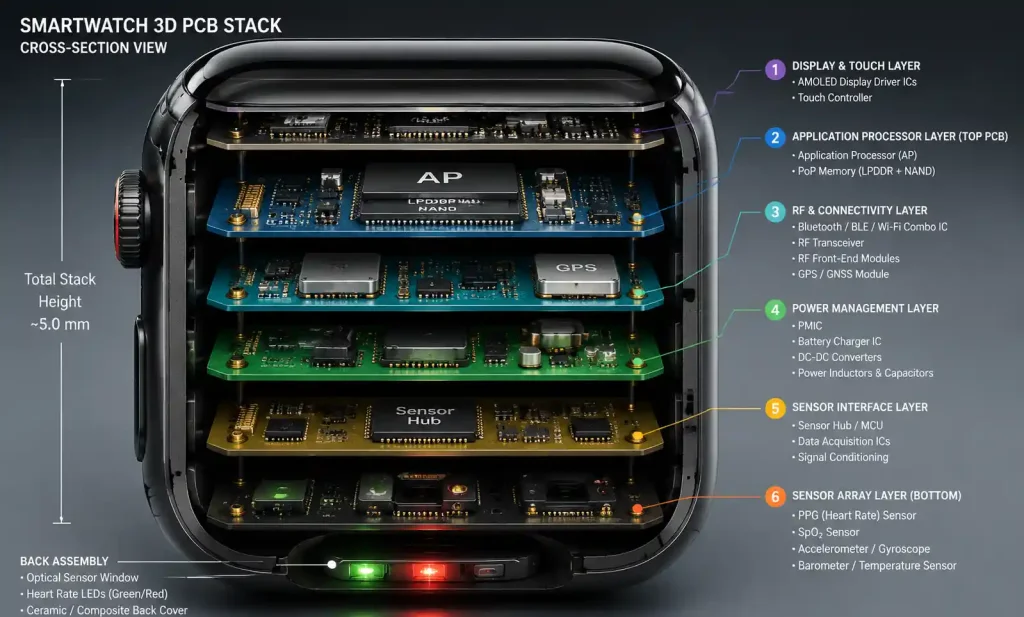 3D PCB stacking architecture in smartwatch showing multiple board layers vertically integrated