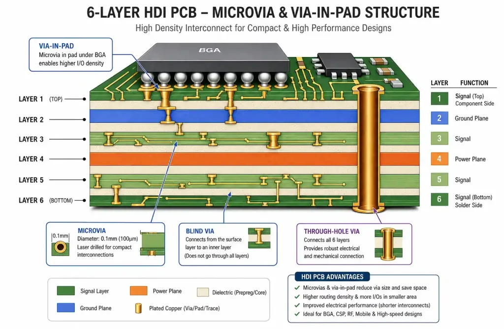 6-layer HDI PCB stackup showing microvia structure and component density for medical device applications