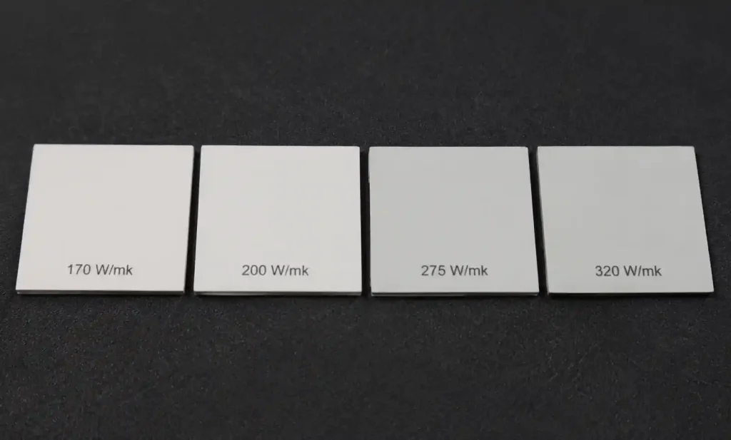 Aluminum nitride substrate thermal conductivity grade comparison showing 170-320 W/mk range
