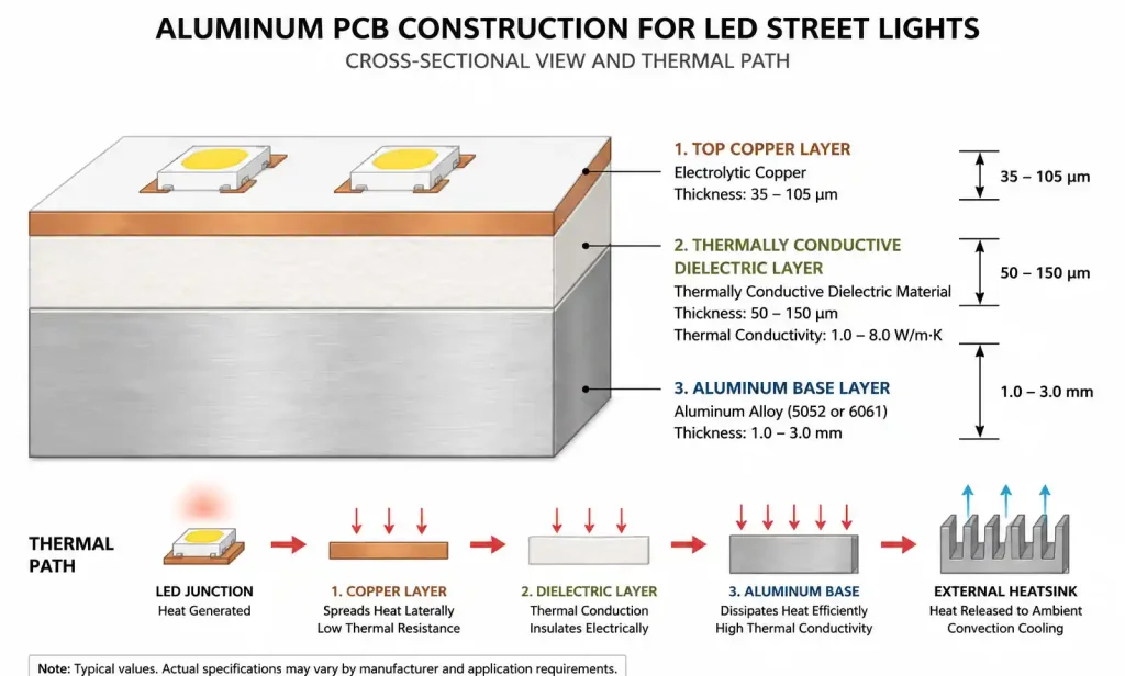 Aluminum PCB layer structure showing copper, dielectric, and aluminum base for LED thermal management