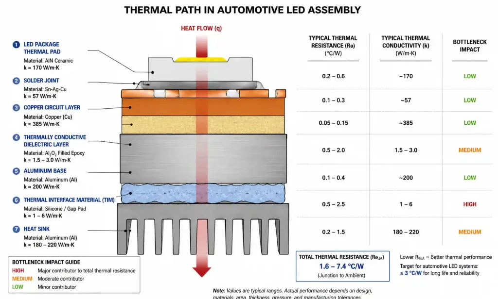 Thermal resistance path diagram showing heat transfer from LED junction through MCPCB layers to heat sink