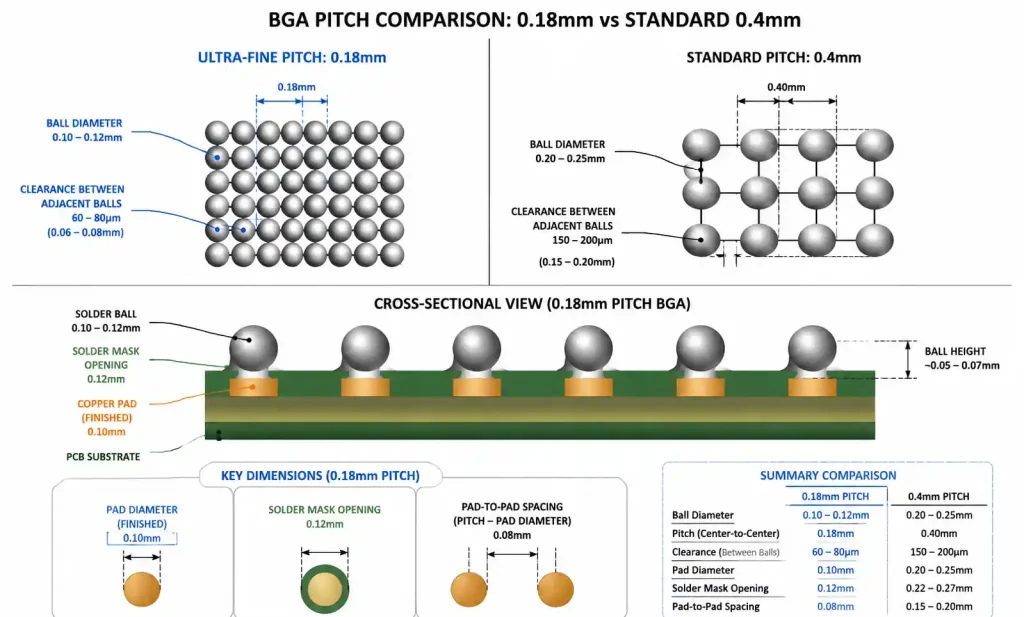 BGA 0.18mm pitch solder ball spacing comparison showing clearance constraints