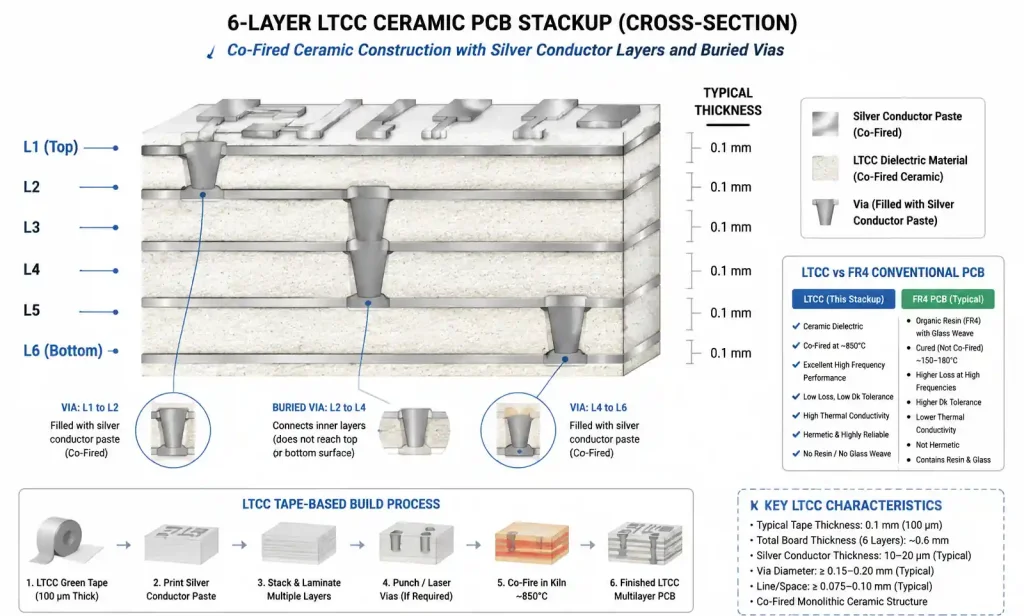 Multi-layer ceramic PCB stackup cross-section showing LTCC tape layers with embedded conductors and vias