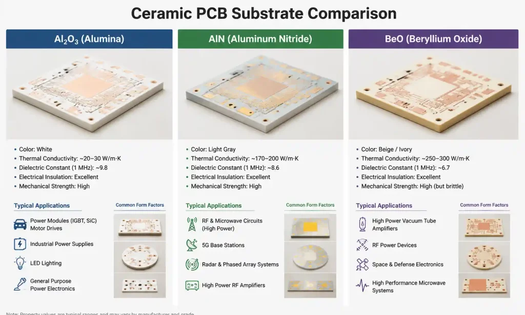 Ceramic PCB substrate comparison showing alumina aluminum nitride and beryllium oxide materials
