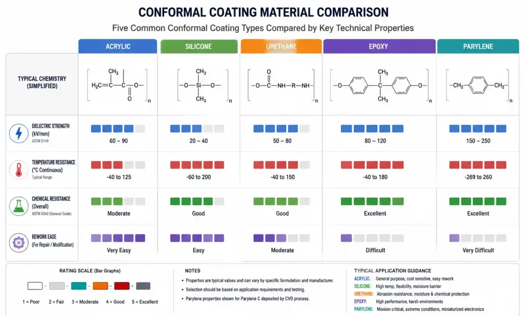 Conformal coating material types comparison chart showing acrylic silicone urethane epoxy parylene properties