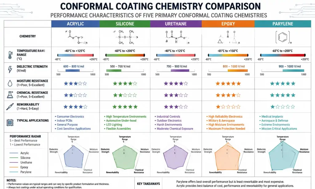 Conformal coating material types comparison showing acrylic silicone urethane epoxy and parylene properties