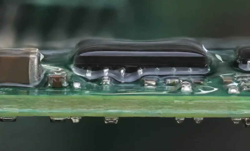 Cross-section view of PCB with thin conformal coating layer showing component coverage