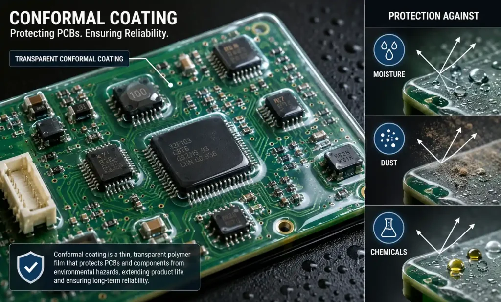 Conformal coating applied to PCB showing protective layer over electronic components