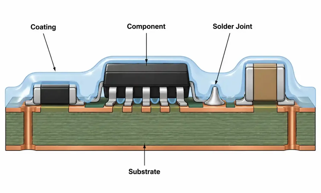 PCB cross-section showing conformal coating layer over components and traces