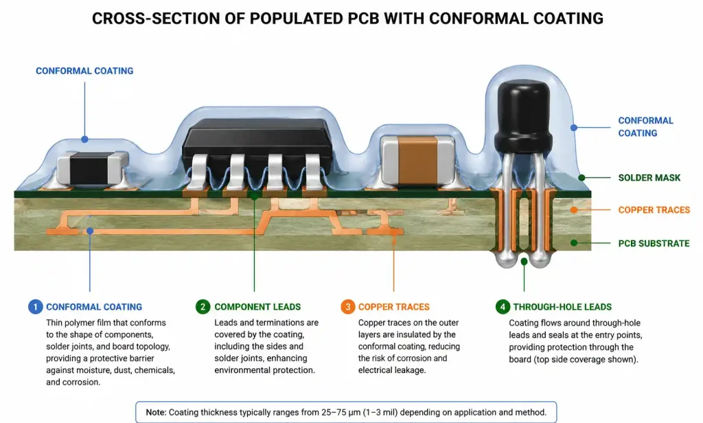 PCB cross-section showing conformal coating layer protecting components and traces