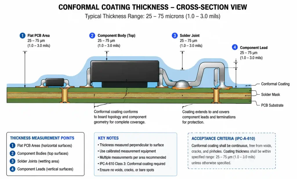 Conformal coating thickness measurement on PCB showing proper 50-75 micron coverage over components and traces