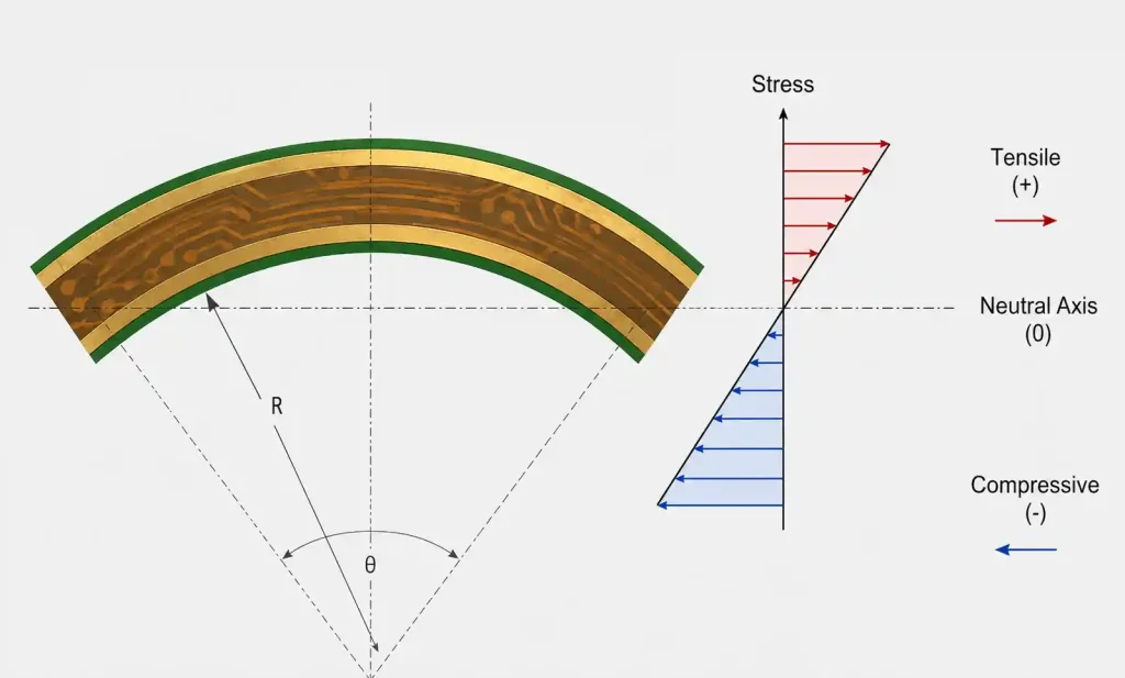 Cross-sectional diagram showing tensile and compression stress distribution in a bent flexible PCB