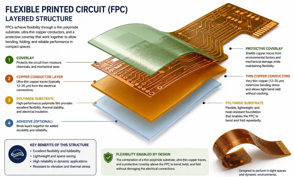 Cross-section diagram of a flexible PCB showing polyimide substrate layers and copper traces