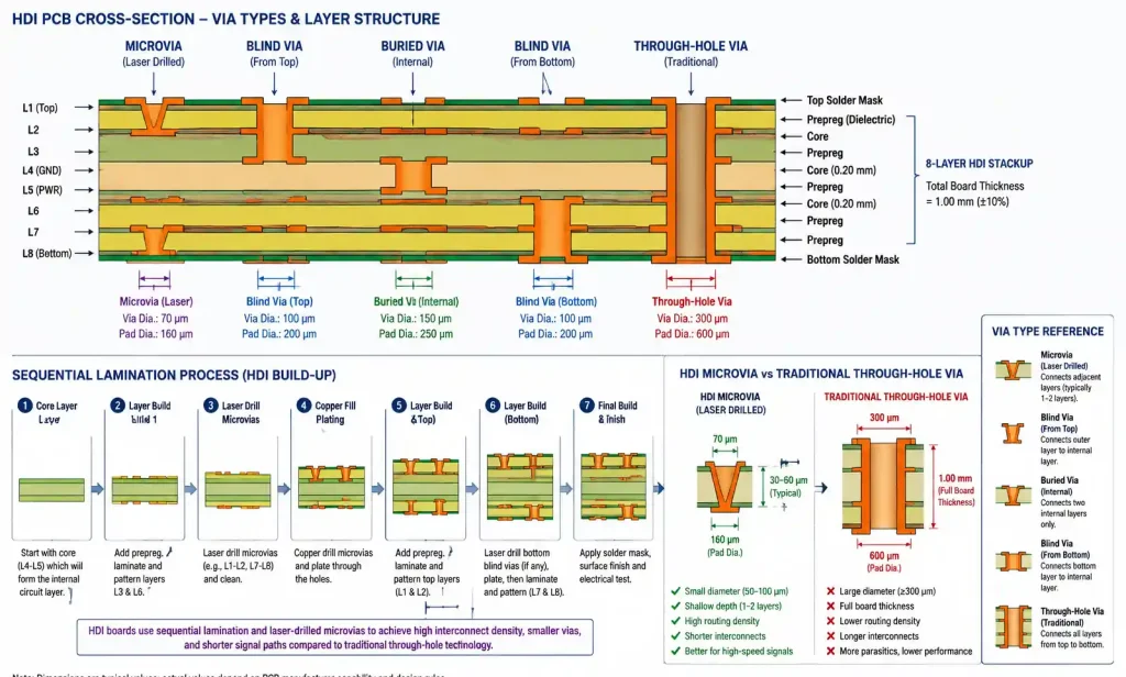HDI PCB cross-section showing microvia structure and layer stackup