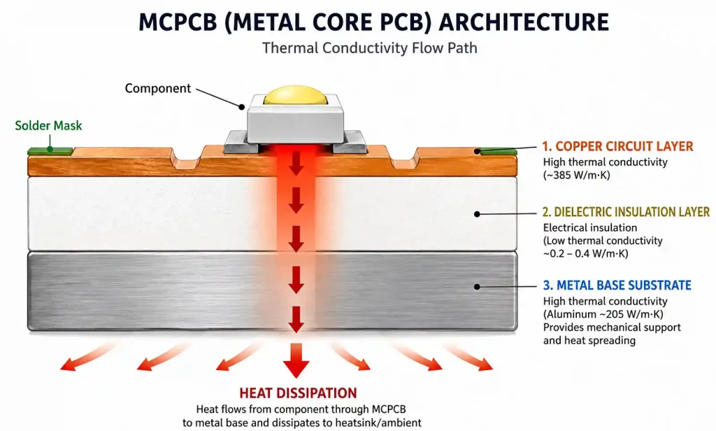 Metal Core PCB basic three-layer stack-up structure showing copper circuit layer, dielectric insulation, and metal substrate