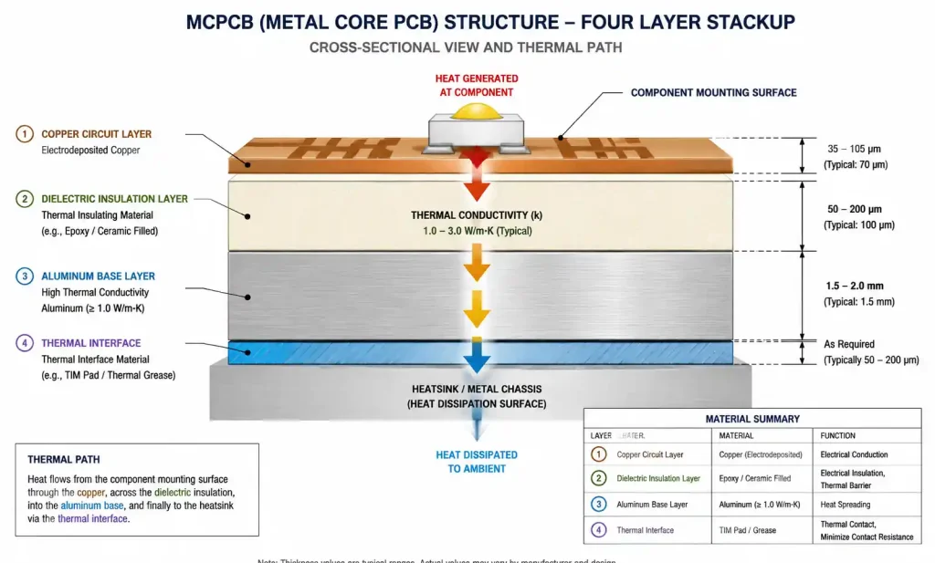Metal Core PCB layer structure showing copper circuit dielectric insulation and aluminum base with thermal conductivity annotations