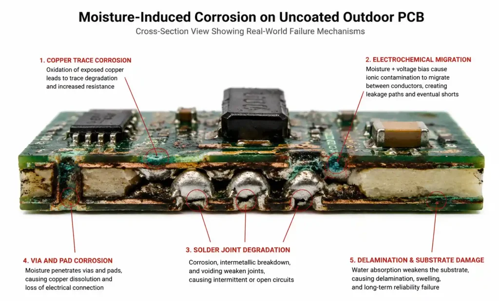 PCB moisture ingress and corrosion failure in outdoor electronics