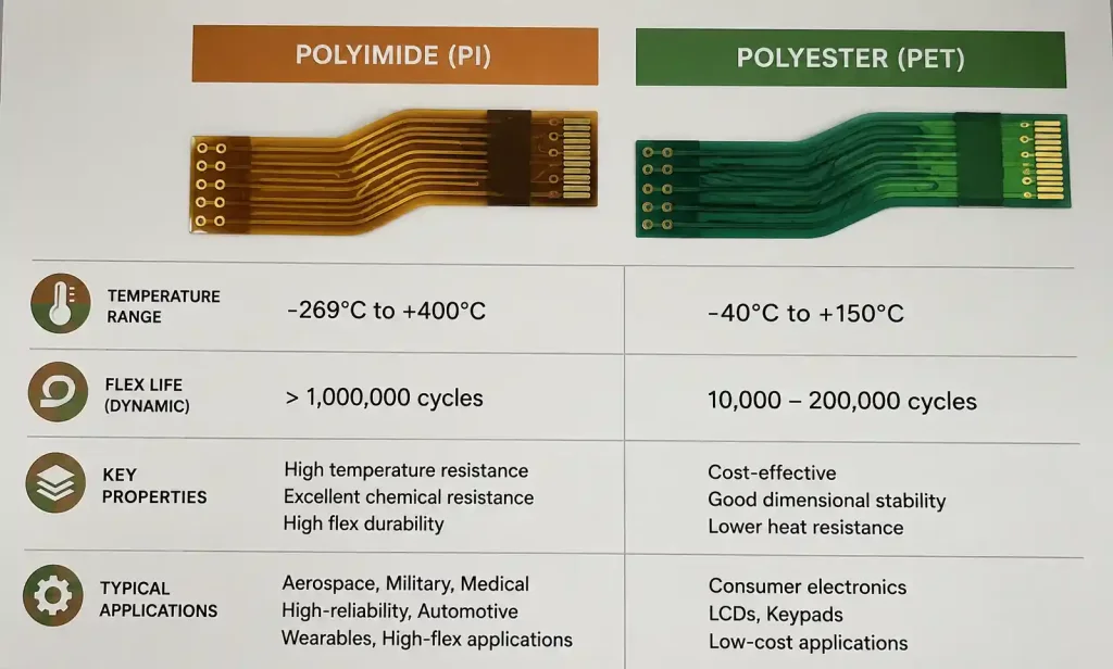 Comparison table showing polyimide versus polyester substrate properties for flexible PCBs
