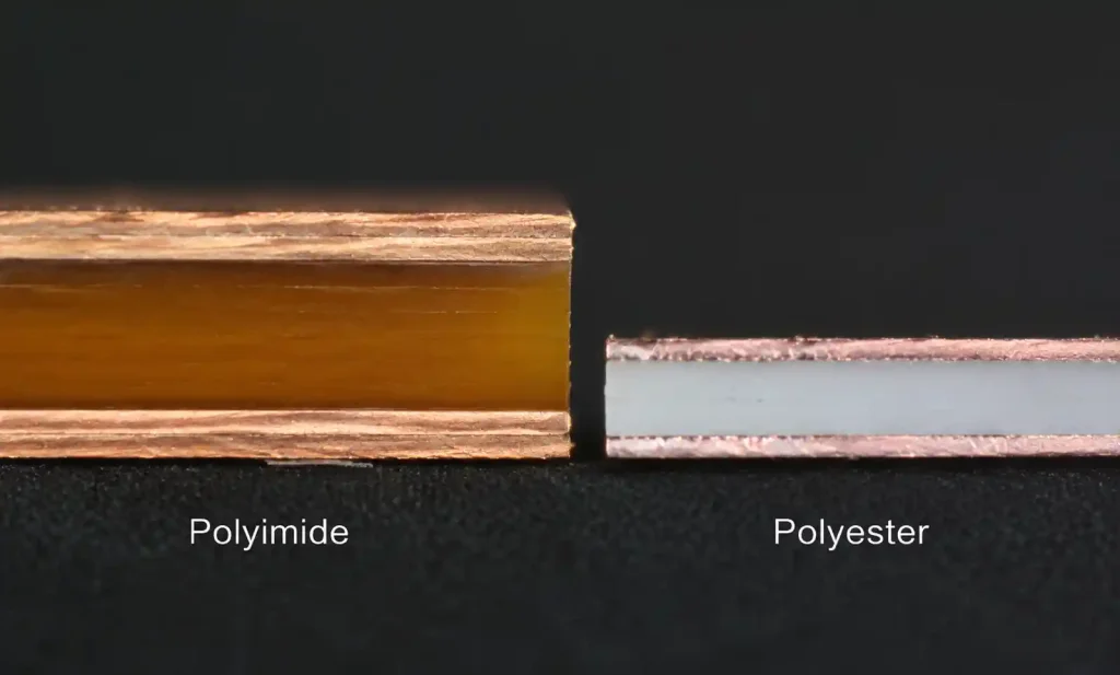 Cross-sectional comparison of polyimide and polyester flexible PCB substrates showing molecular structure and layer composition