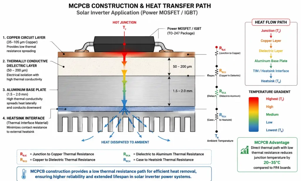 MCPCB thermal path from power semiconductor to heatsink in solar inverter