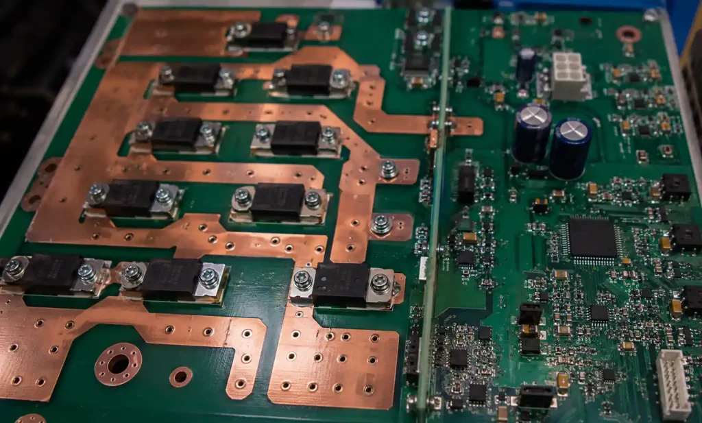 Multi-layer solar inverter PCB assembly showing heavy copper traces and high-voltage isolation