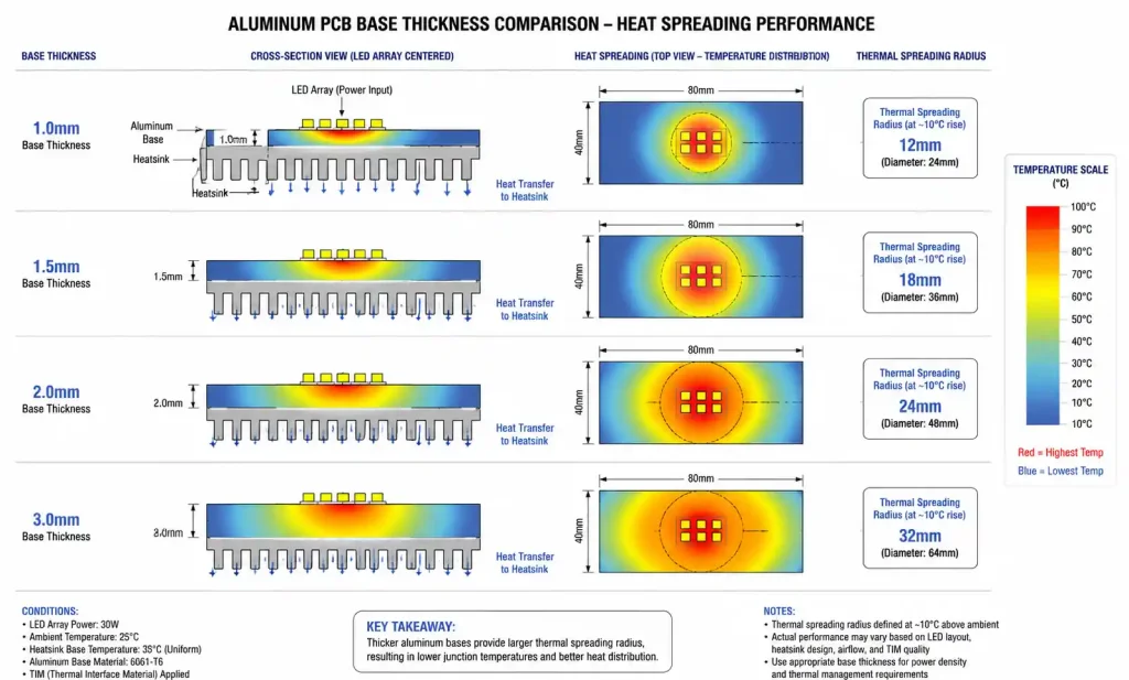Aluminum base thickness comparison for different LED power levels and thermal spreading