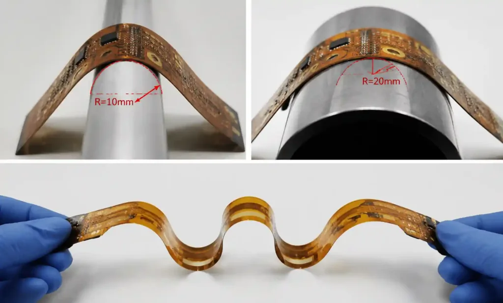 Physical demonstration of static versus dynamic flex PCB bending showing different bend radius requirements