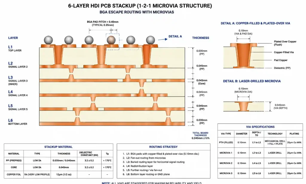 HDI PCB stackup showing microvia escape routing for 0.18mm pitch BGA