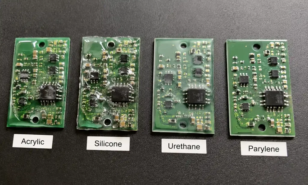 Side-by-side comparison of different conformal coating materials on PCB samples