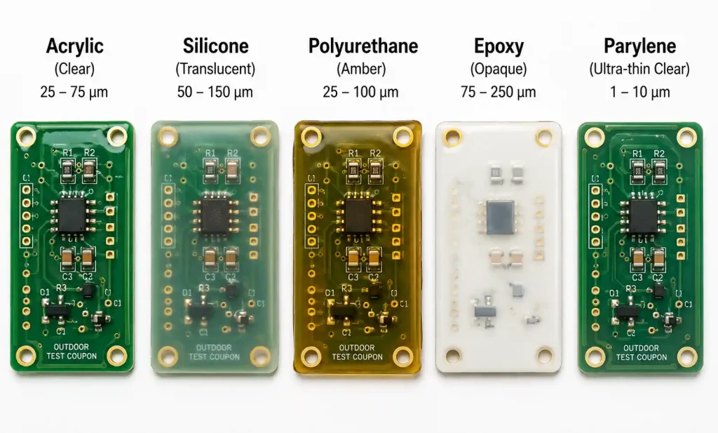 Five conformal coating types applied to PCB test coupons