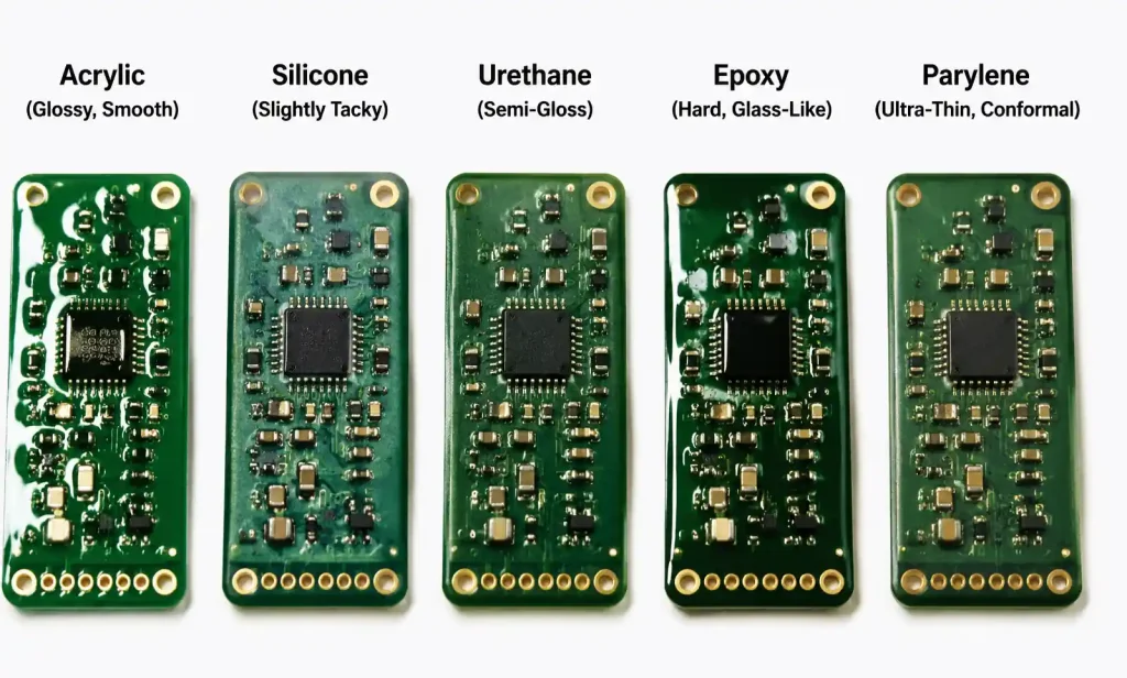 Visual comparison of five conformal coating types showing surface finish and flexibility characteristics