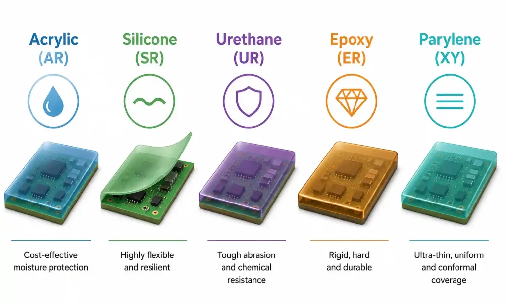 Visual comparison of five conformal coating materials showing acrylic, silicone, urethane, epoxy, and parylene