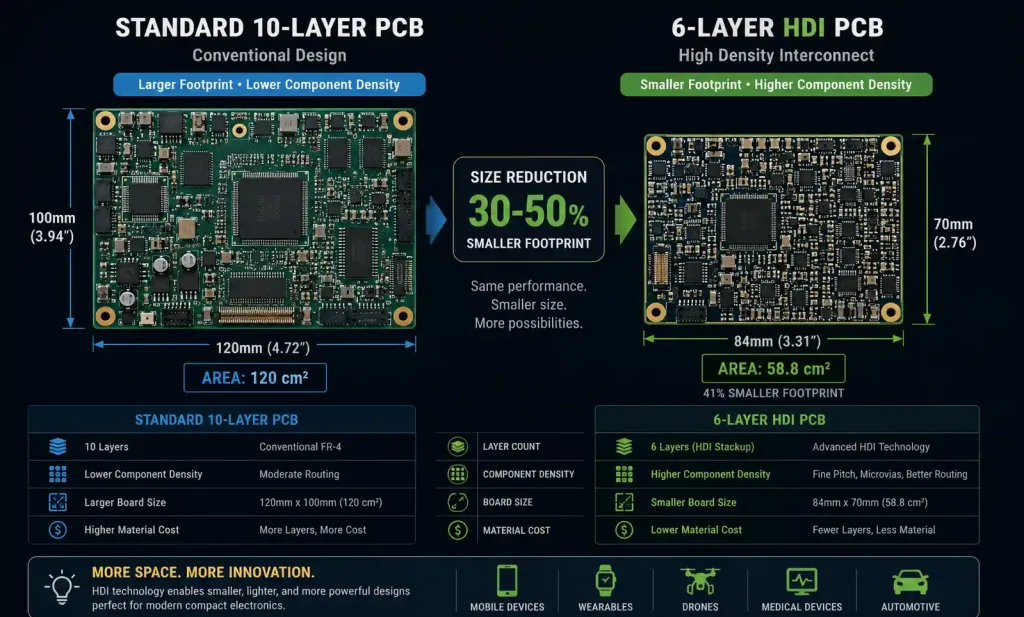 Size comparison between HDI PCB and standard PCB with same functionality